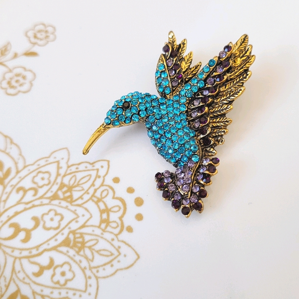 Blue Purple Crystal Hummingbird Pendant Brooch Pin NWT